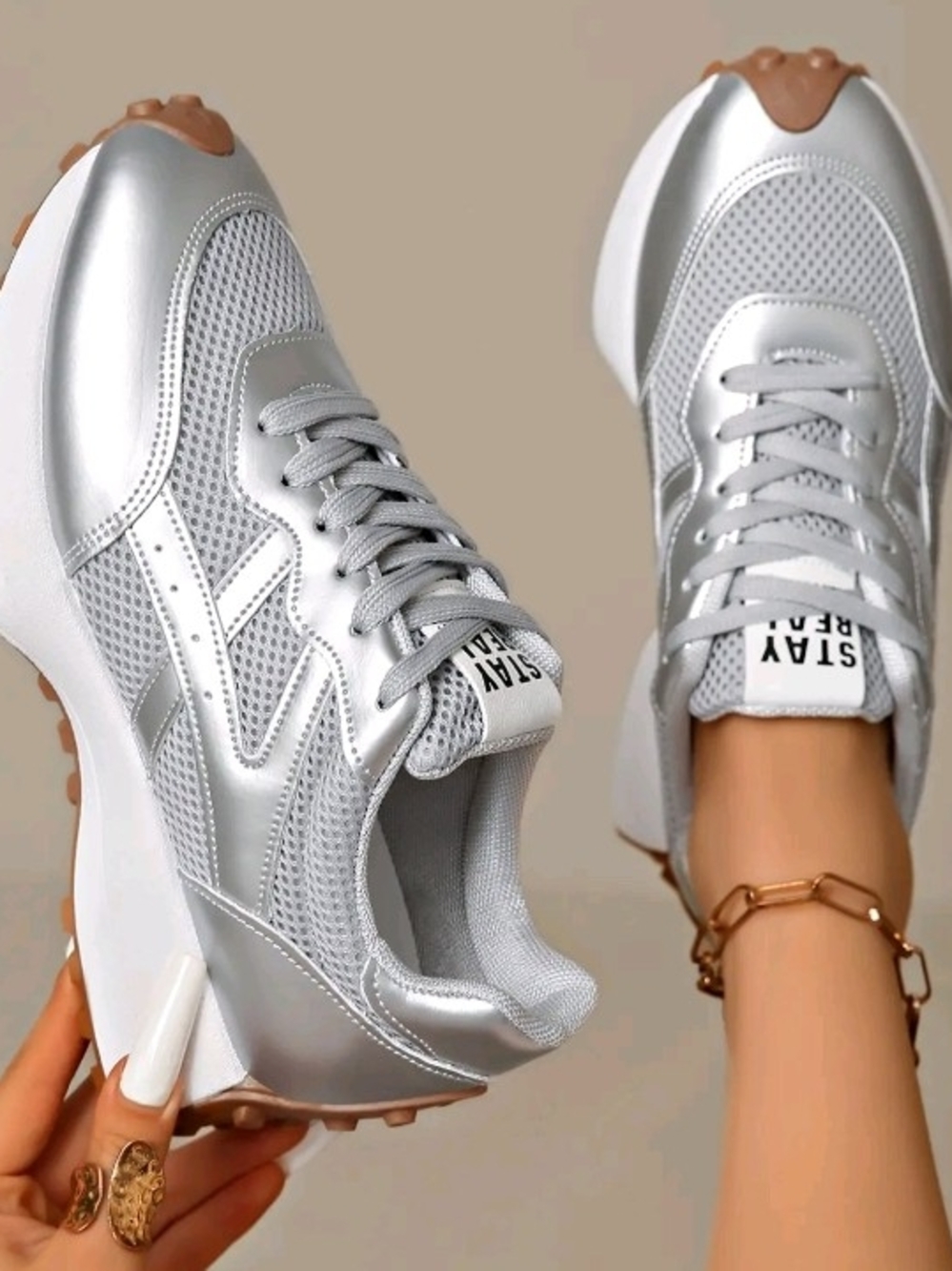 Women’s Silver Mesh Sneakers - Lightweight Casual Athletic Shoes